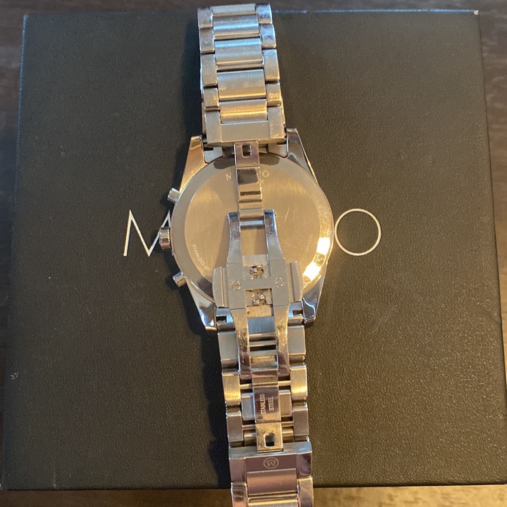 Mens Movado Watch, silver band black face. - Picture 6 of 10